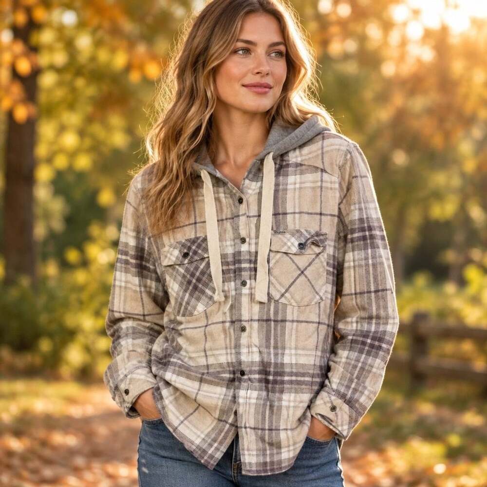 Columbia Hooded Plannel Shirt Size L Plaid Grey Tan